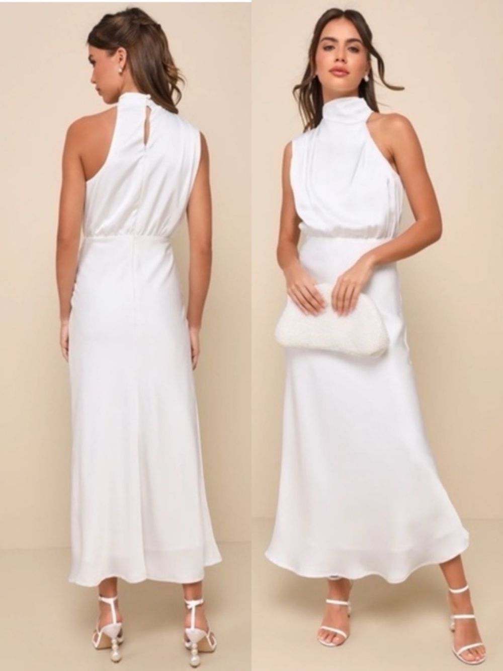 NWT Lulu’s Distinctive Charm White Satin Asymmetrical Midi Dress Small Chic